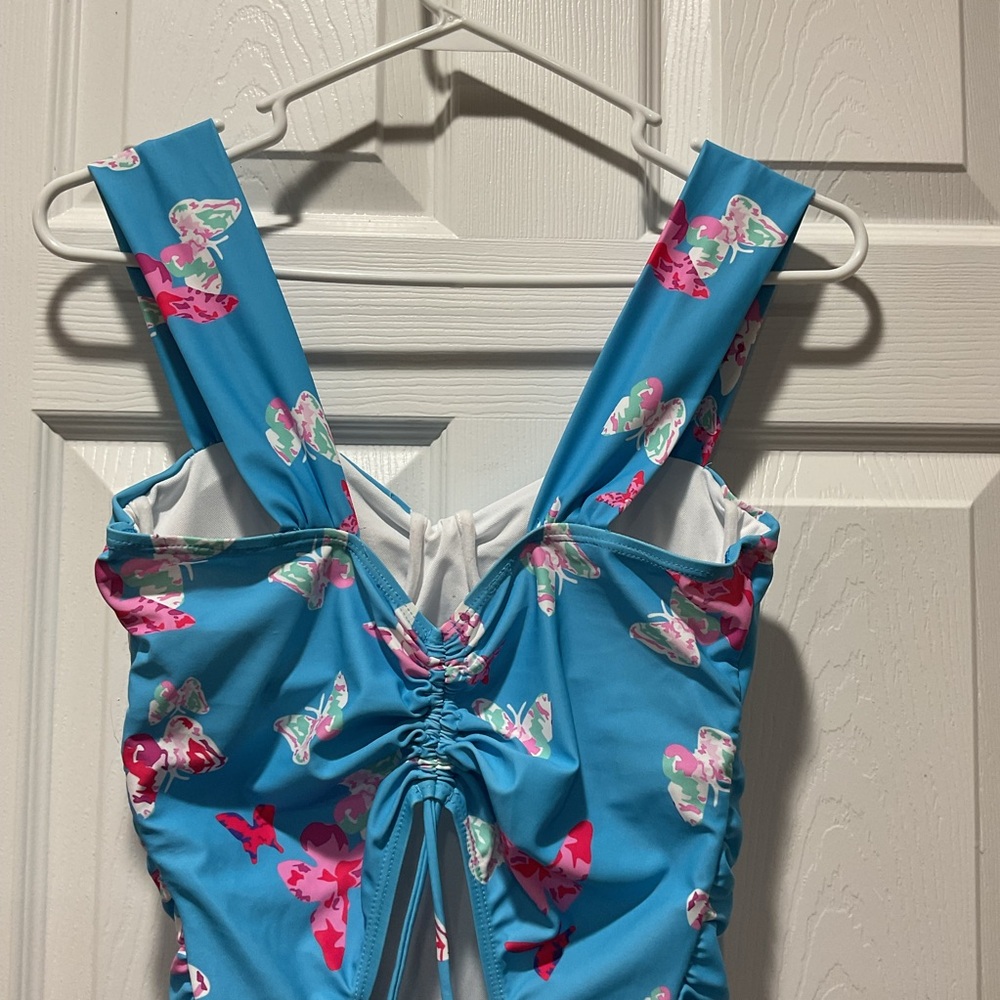 Suit swim dress with built-in shorts in blue w/ pink, green, white butterflies M - Picture 4 of 10